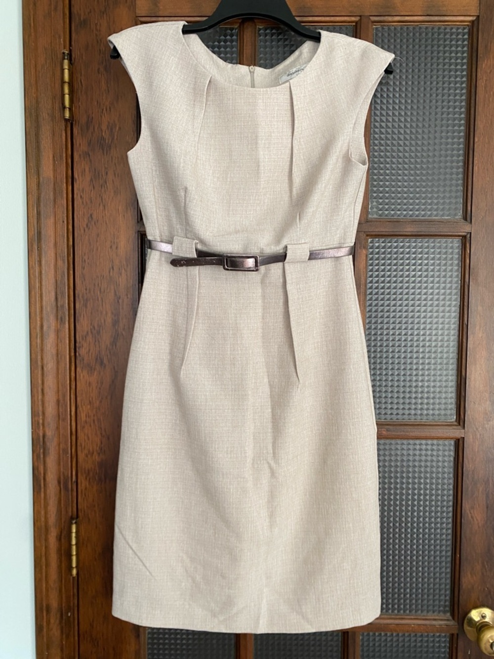 dressbarn textured knee length sheath dress with metallic belt